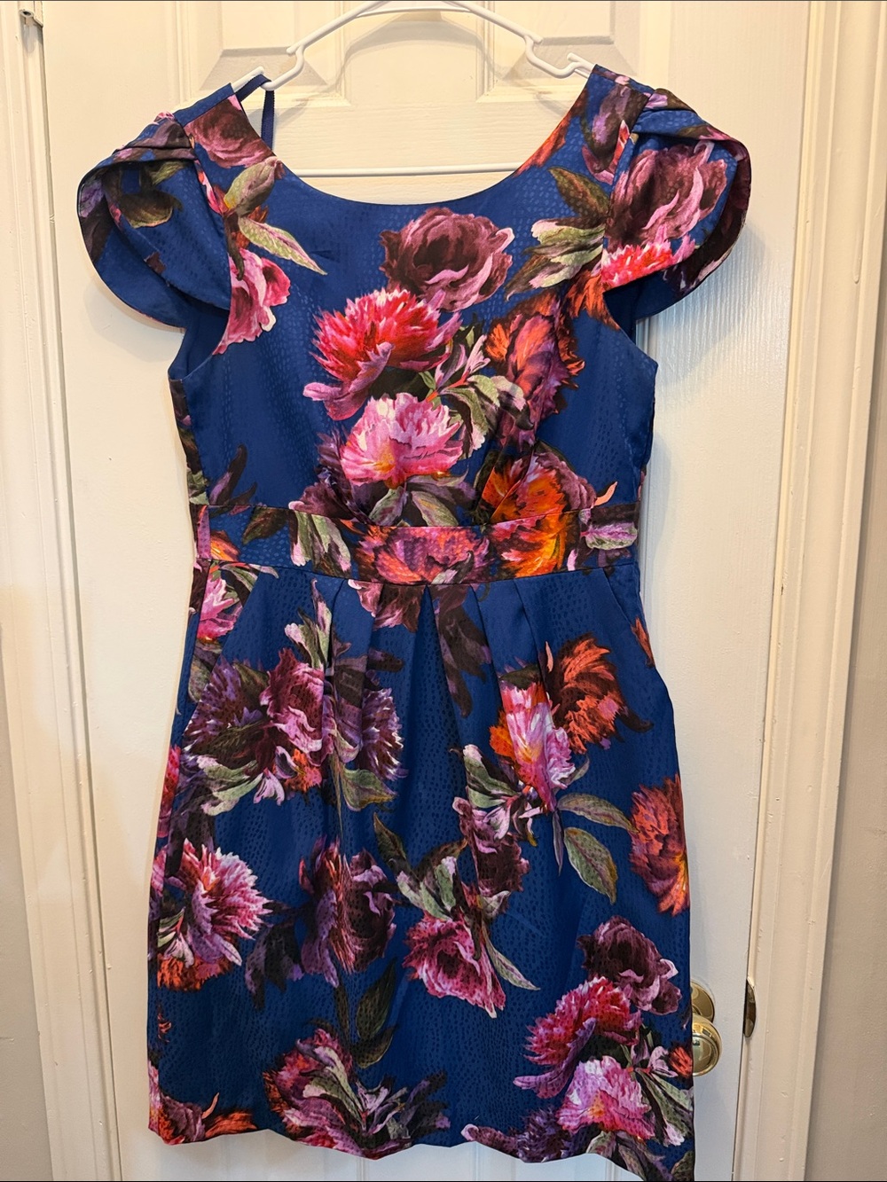 Moulinette Soeurs Navy Floral Fit-and-Flare Dress with Pink Blooms